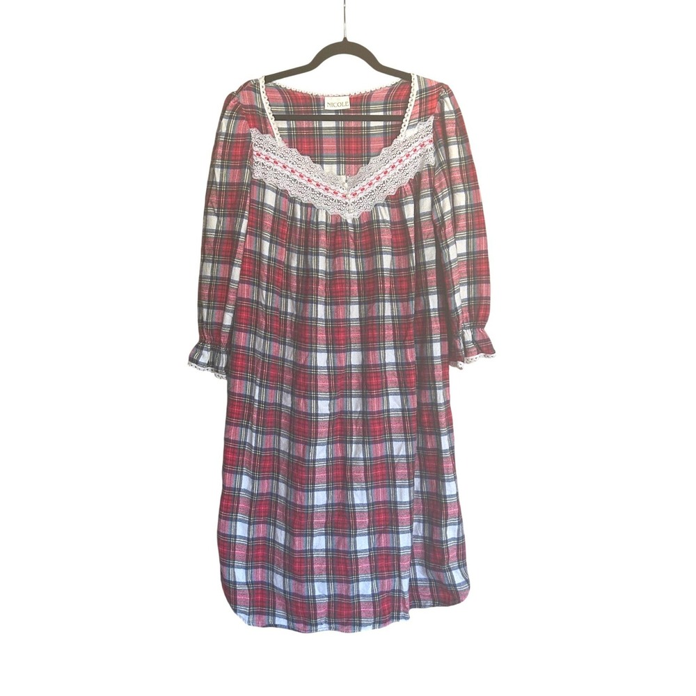Vintage Red Plaid Flannel Traditional Nightgown Lace Sz M Nap Dress Cottagecore